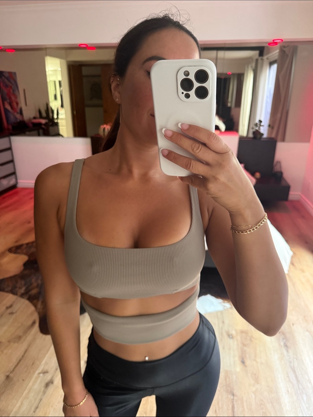 ALO Yoga Ribbed Square Neck Crop Bra Top - Taupe